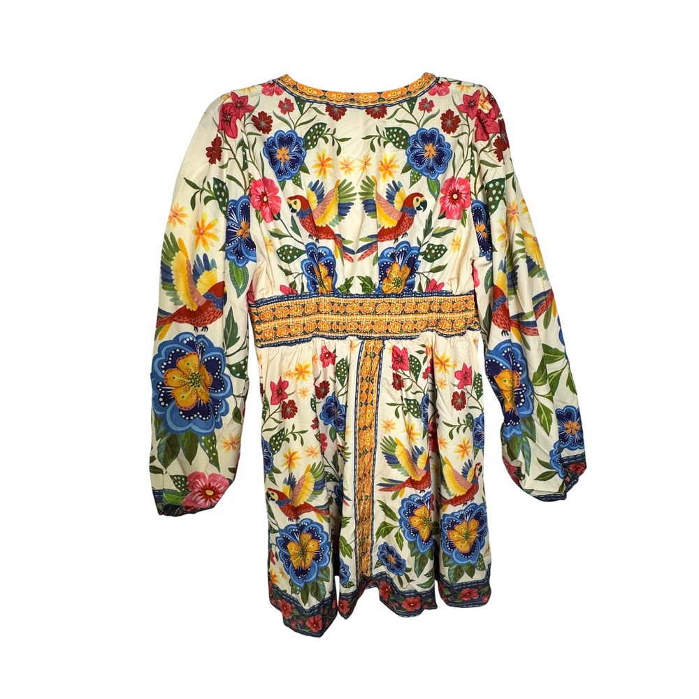 Tropical Parrot Floral Print V-Neck Balloon Sleeve Mini Dress Ivory Large - Picture 6 of 11